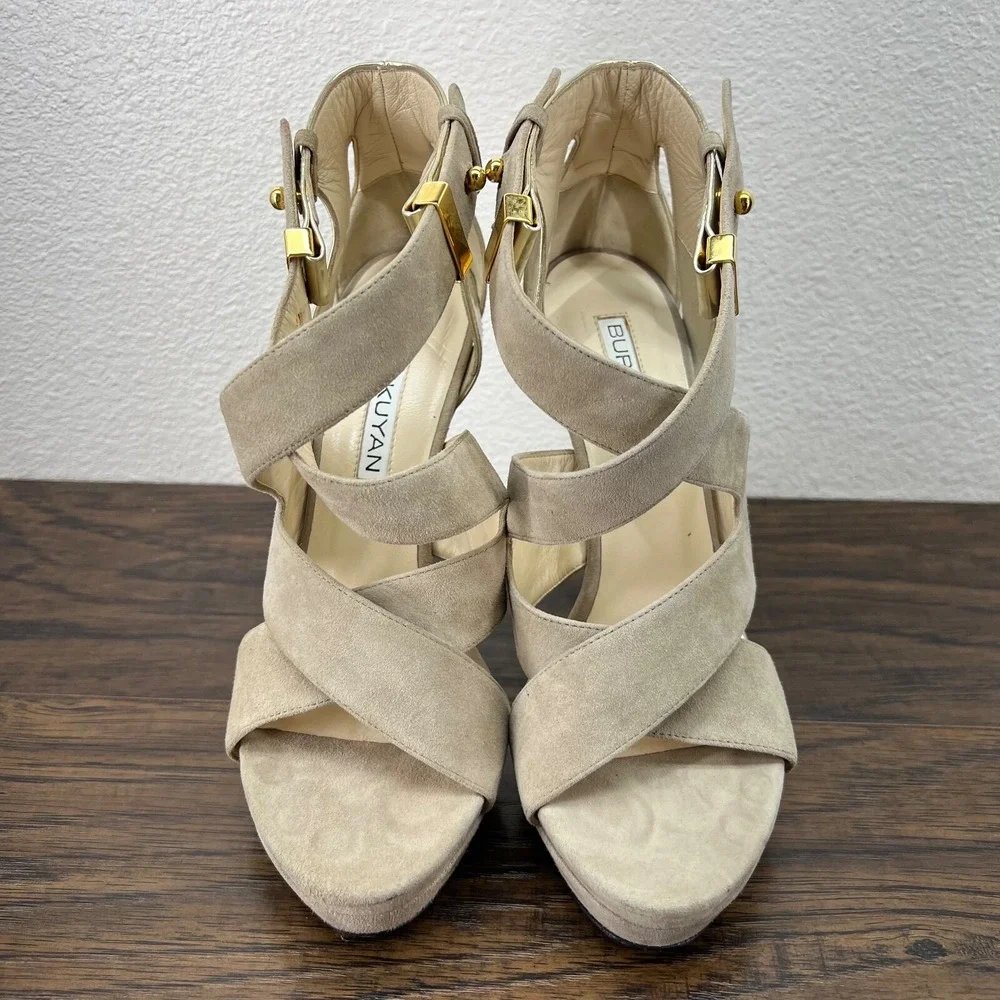 Burak Uyan Burakuyan Womens 37 US 7 Beige Gold Suede Leather Platform Heels
